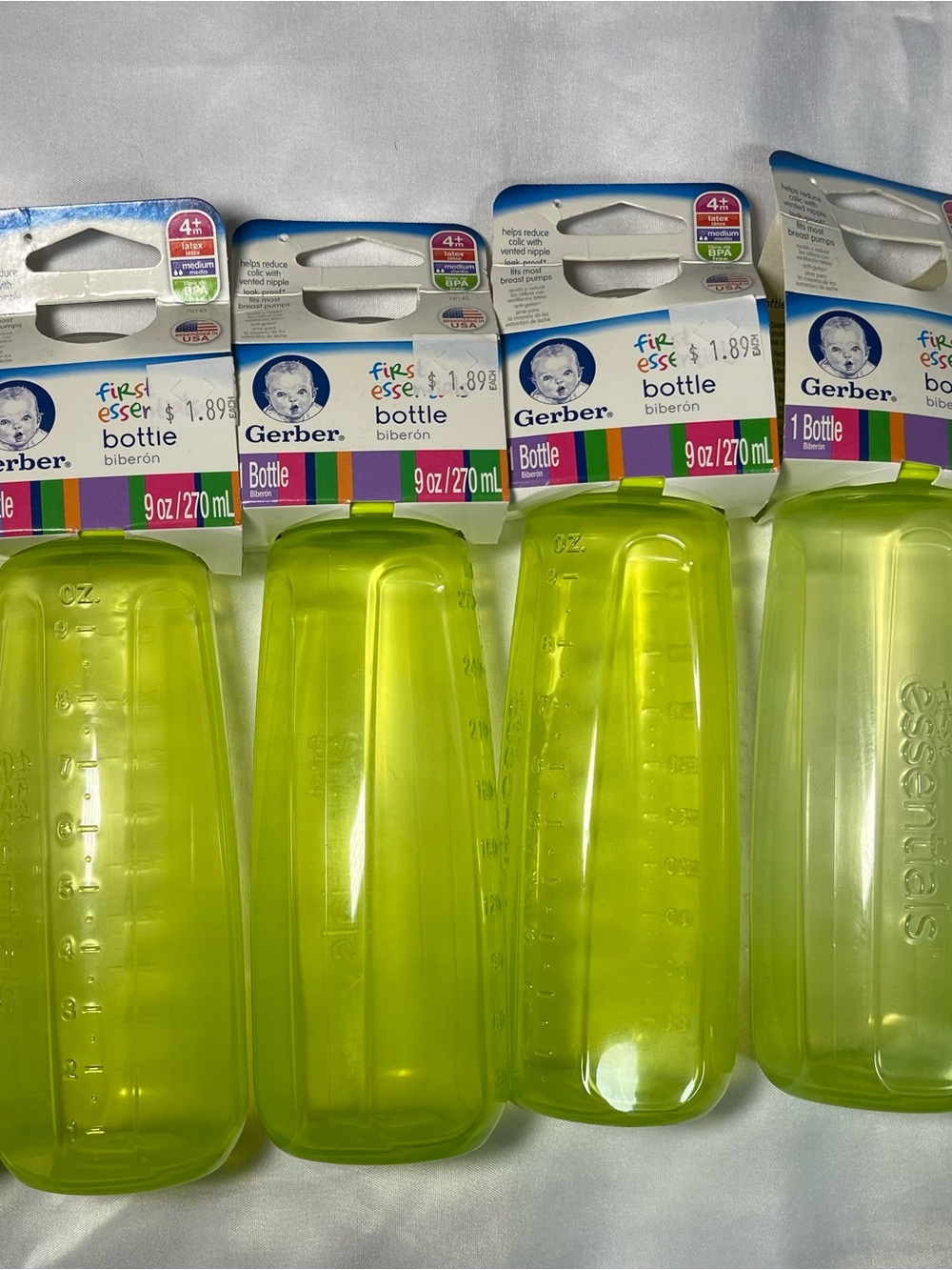 6 Gerber First Essentials Baby Bottles 9oz Green Medium Flow Latex Nipple New
